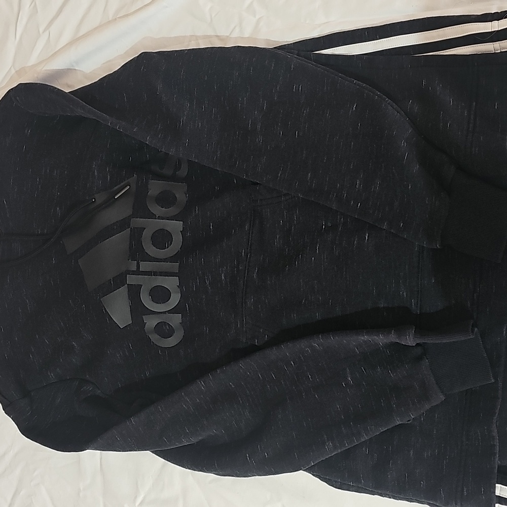 Adidas Size Small Charcoal Sweatshirt Iconic Logo. White Stripes Down The Side.
